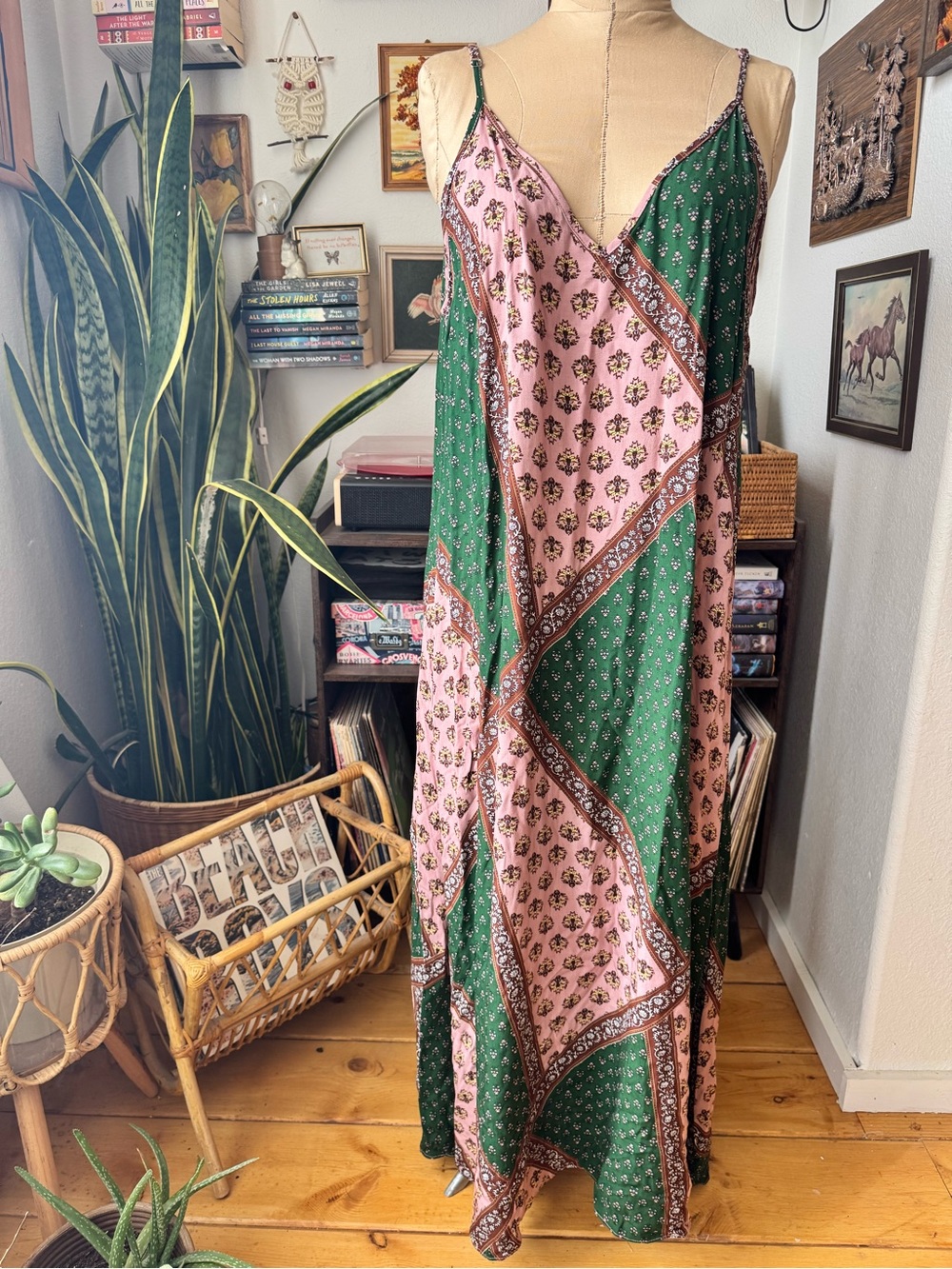 Natural Life Boho Patchwork Maxi Slip Dress Forest Green Pink Floral Size XL